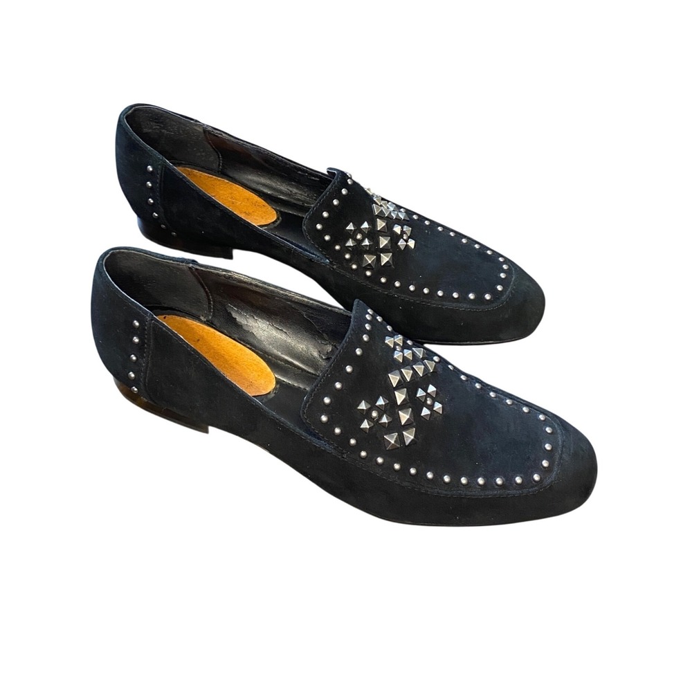 Black Suede Studded Loafers Silver Pyramid Stud Embellished Smoking Flats 8N